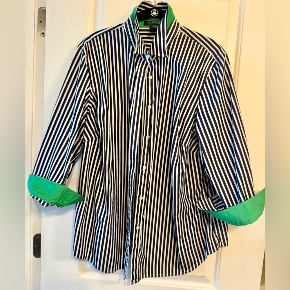 Lauren Ralph Lauren Navy/White Stripe Shirt
With Green Cuffs And Under Neck.